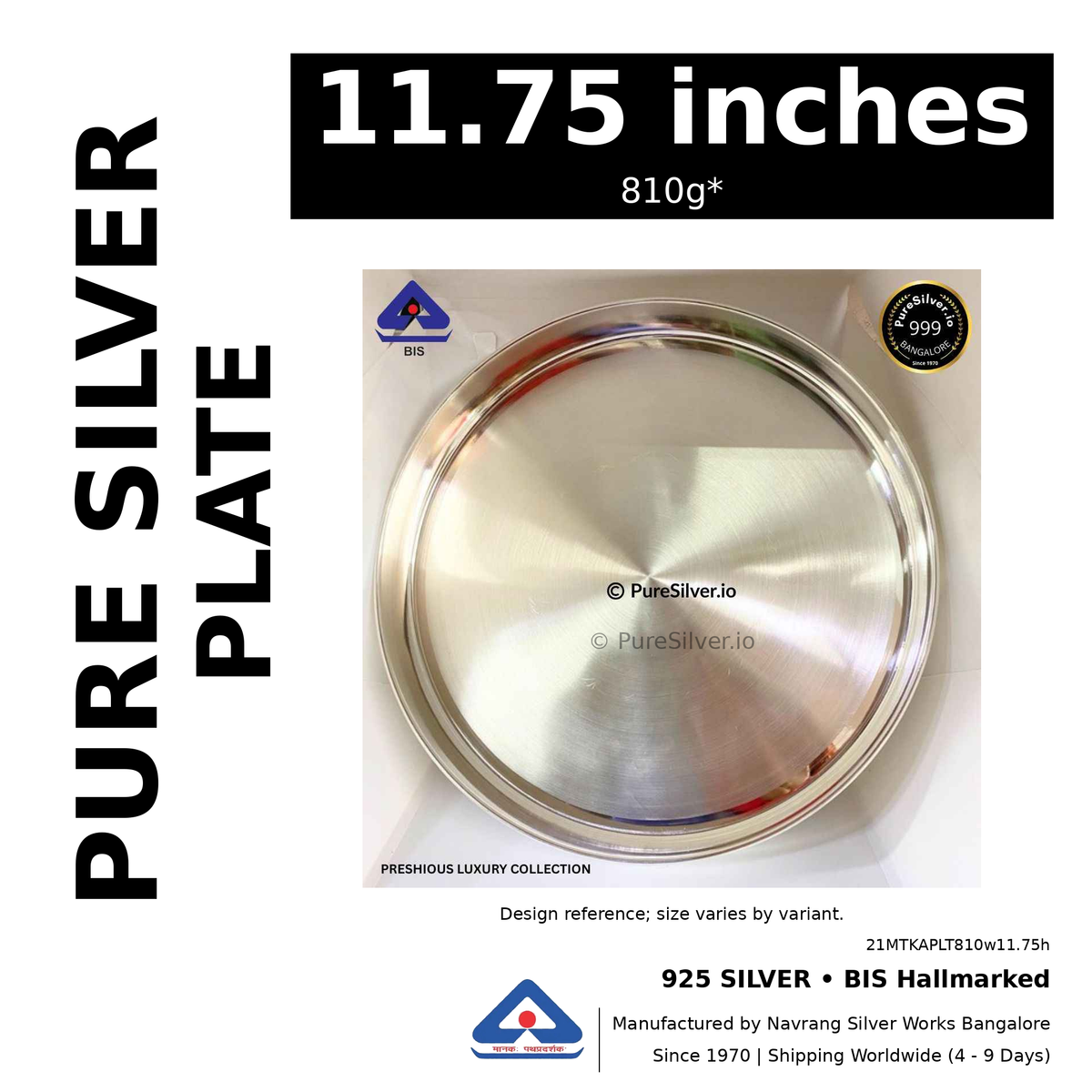 925 BIS hallmarked silver plate, 11.75 inches • 810g*. Design reference; size varies by variant. Code 21MTKAPLT810w11.75h.