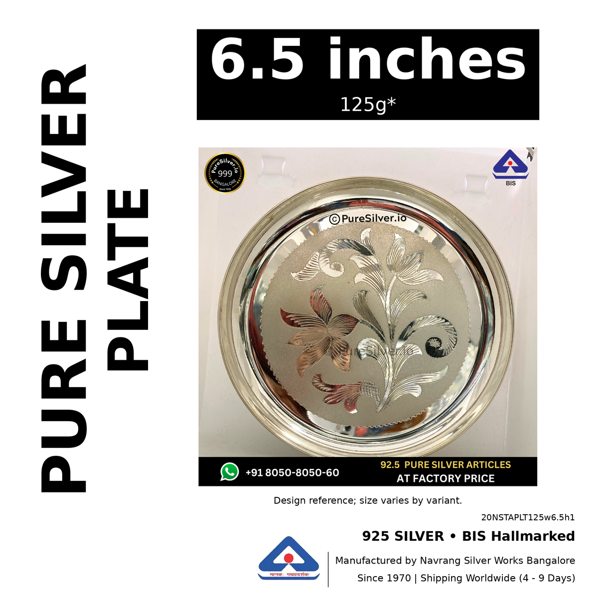 925 BIS hallmarked silver plate, 6.5 inches • 125g*. Design reference; size varies by variant. Code 20NSTAPLT125w6.5h1.