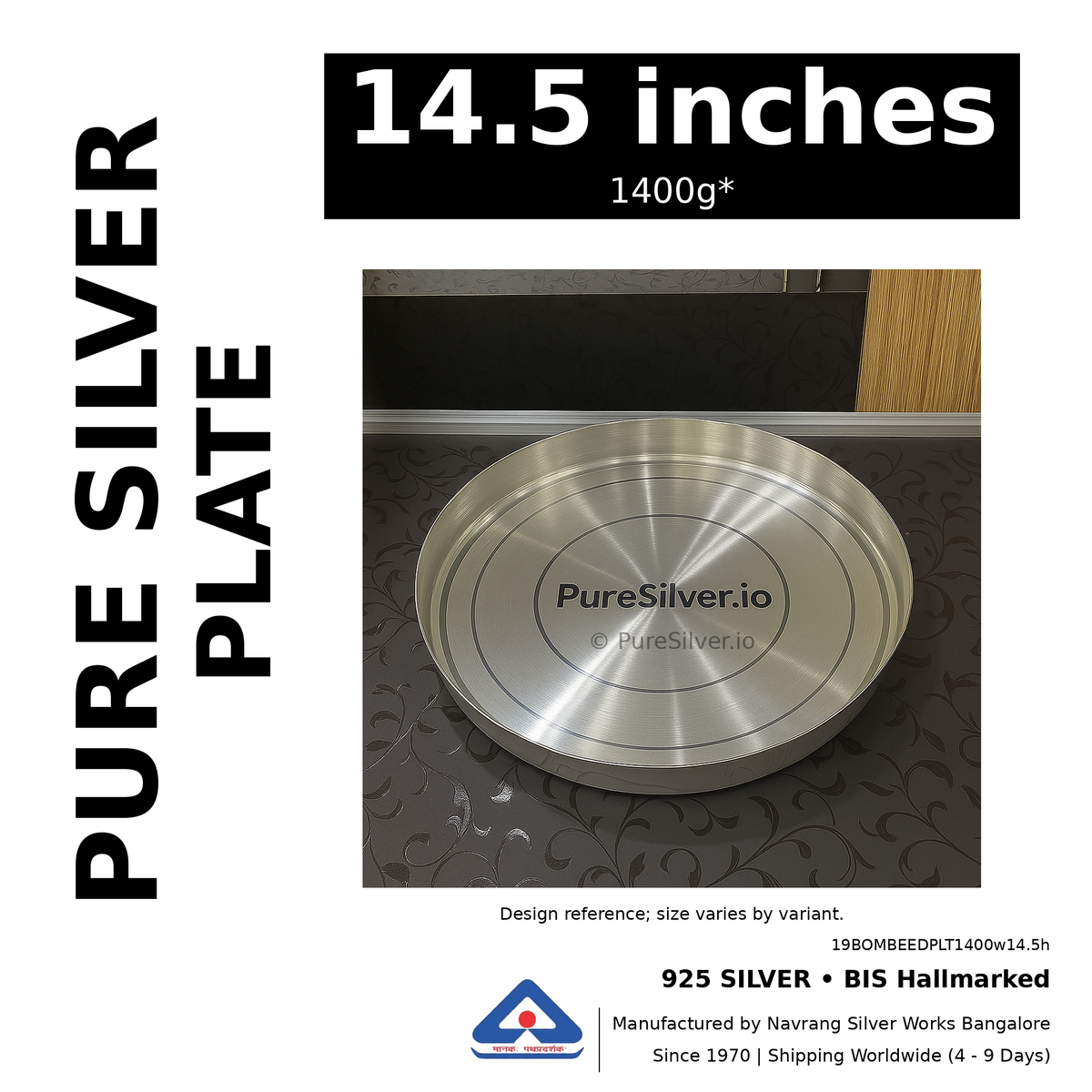 925 BIS hallmarked silver plate, 14.5 inches • 1400g*. Design reference; size varies by variant. Code 19BOMBEEDPLT1400w14.5h.