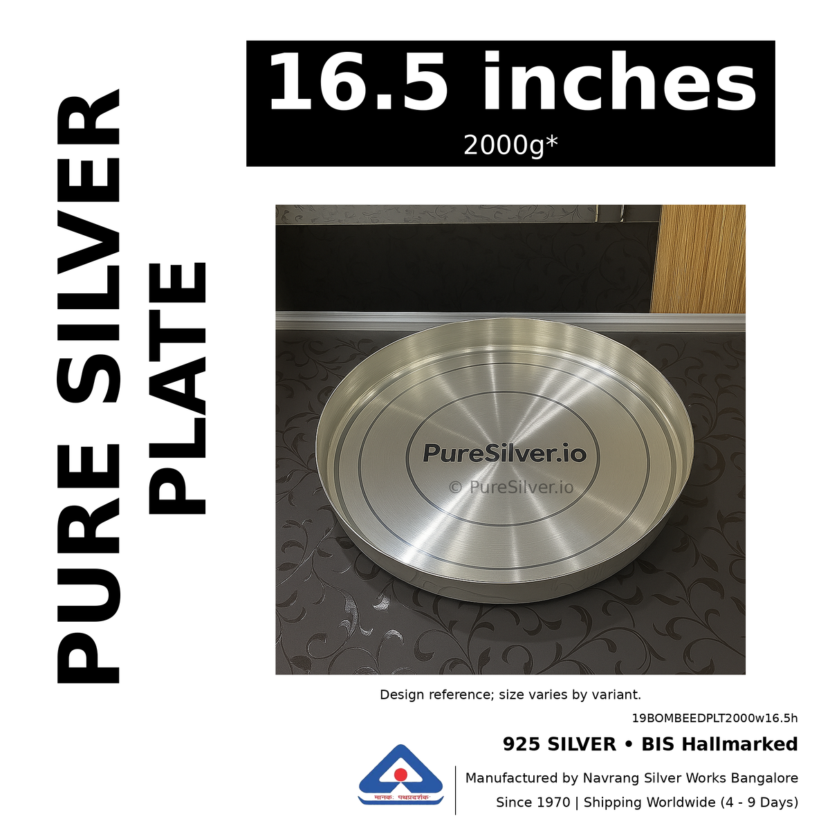 925 BIS hallmarked silver plate, 16.5 inches • 2000g*. Design reference; size varies by variant. Code 19BOMBEEDPLT2000w16.5h.
