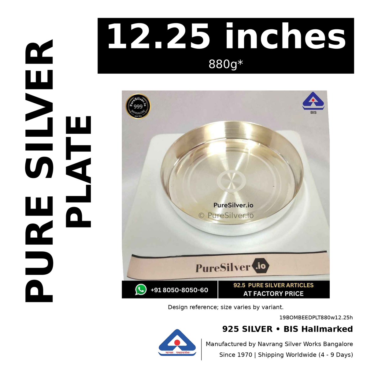 925 BIS hallmarked silver plate, 12.25 inches • 880g*. Design reference; size varies by variant. Code 19BOMBEEDPLT880w12.25h.