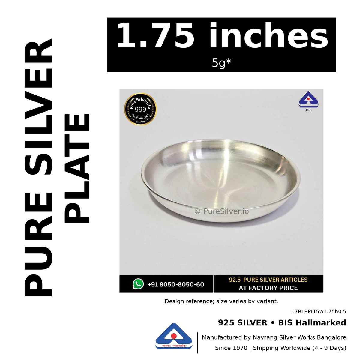 925 BIS hallmarked silver plate, 1.75 inches • 5g*. Design reference; size varies by variant. Code 17BLRPLT5w1.75h0.5.