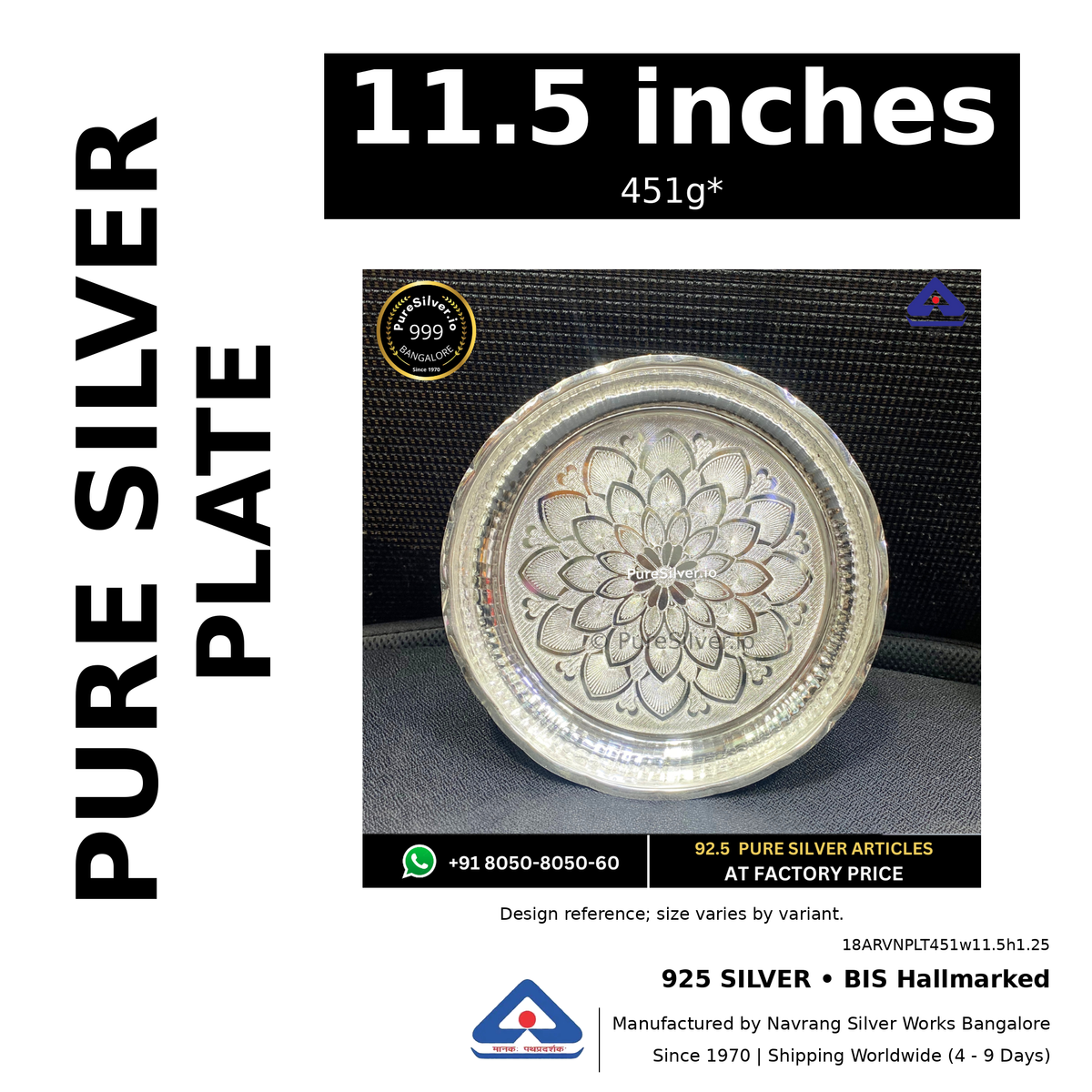 925 BIS hallmarked silver plate, 11.5 inches • 451g*. Design reference; size varies by variant. Code 18ARVNPLT451w11.5h1.25.