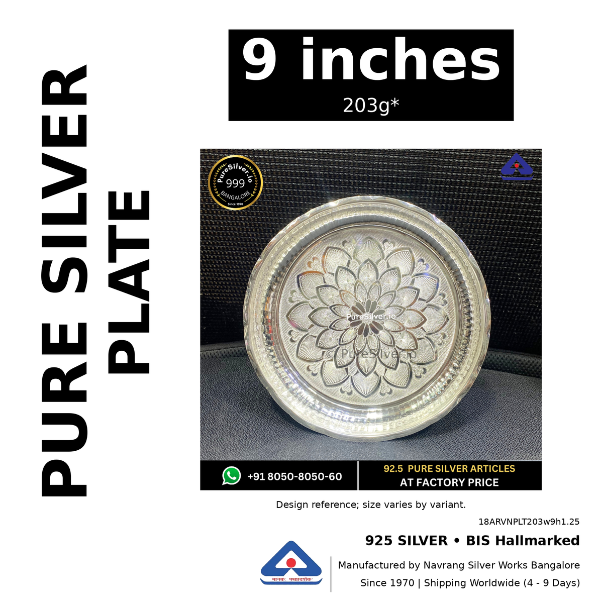 925 BIS hallmarked silver plate, 9 inches • 203g*. Design reference; size varies by variant. Code 18ARVNPLT203w9h1.25.