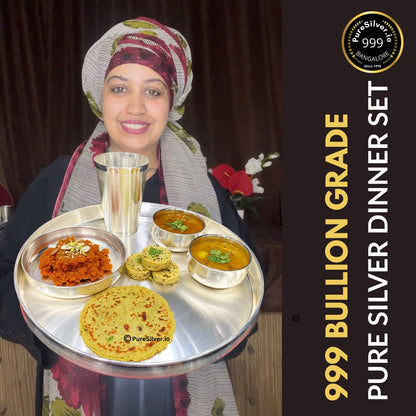 12.25 inch Pure Silver Dinner Set, Satin Matt Matka Pattern, 1500 grams, 990 BIS Hallmarked