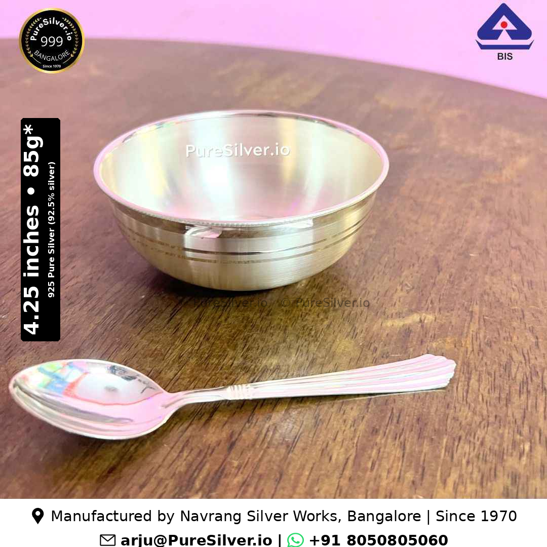 925 Pure Silver Bowl and Spoon for Baby - 4.25 x 2.2 inches (~85 grams) Delhi Pattern, Classic; original product photograph with specifications and manufacturer contact information