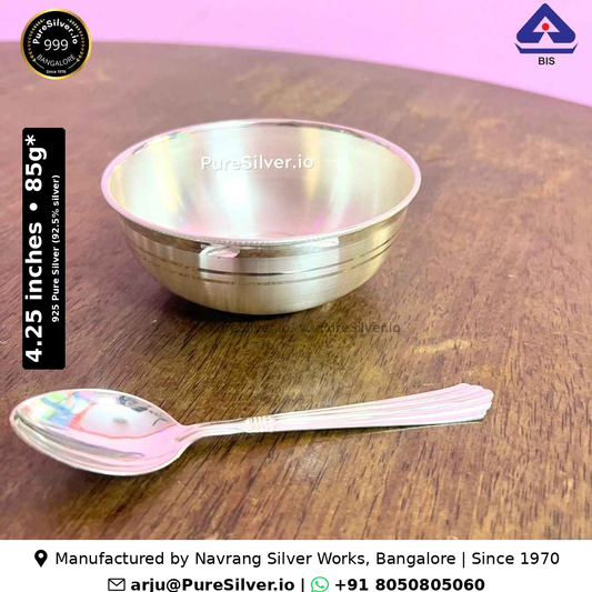 925 Pure Silver Bowl and Spoon for Baby - 4.25 x 2.2 inches (~85 grams) Delhi Pattern, Classic; original product photograph with specifications and manufacturer contact information