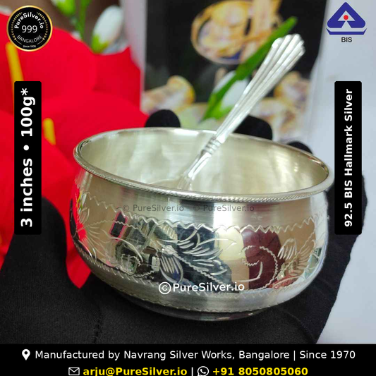 925 BIS hallmarked Matka bowl and spoon, 3-inch width, approximately 100 g; original product photo with manufacturer contacts.
