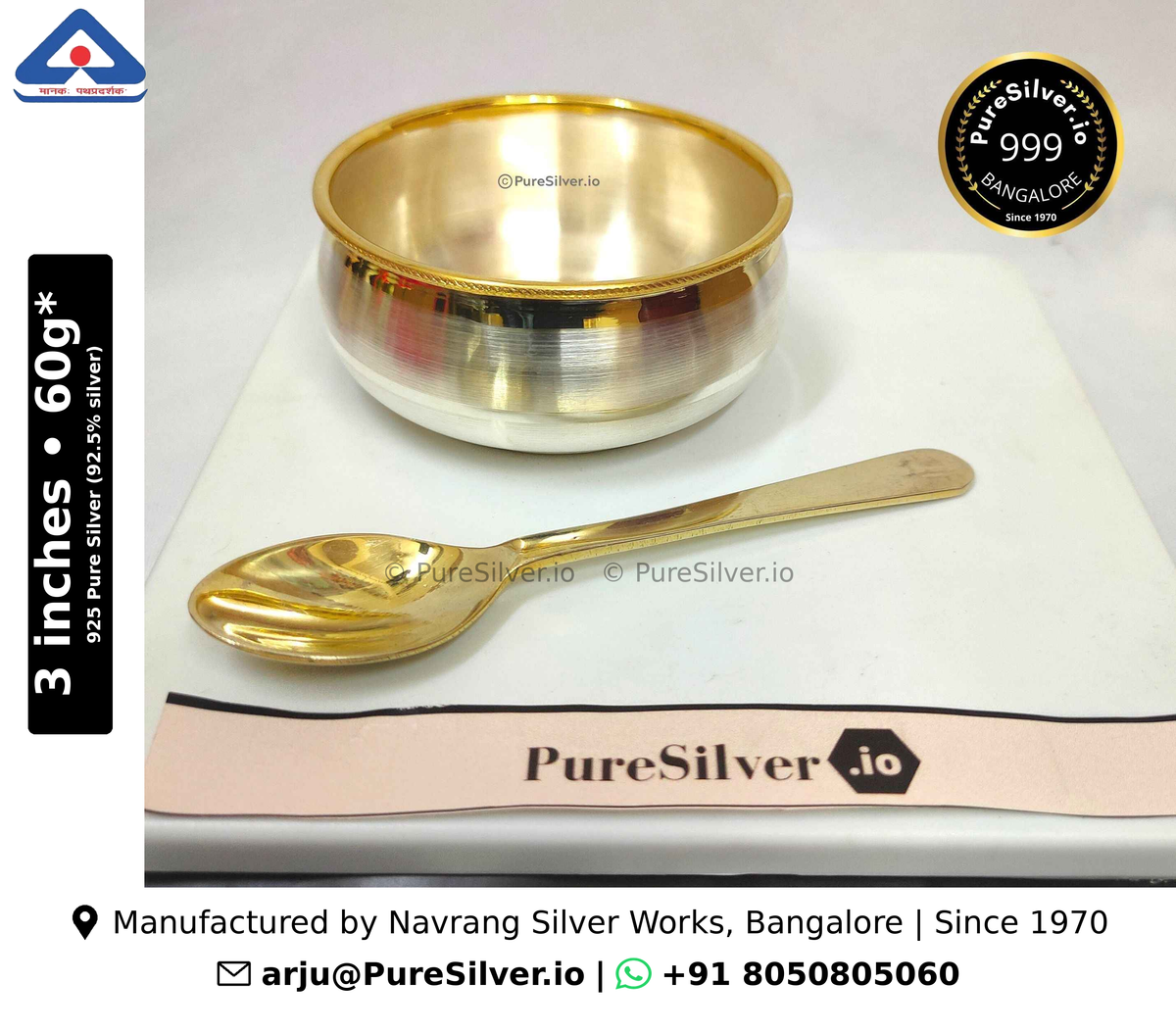 925 silver Matka bowl and spoon with 24k gold accent, 3 inches wide, BIS hallmarked