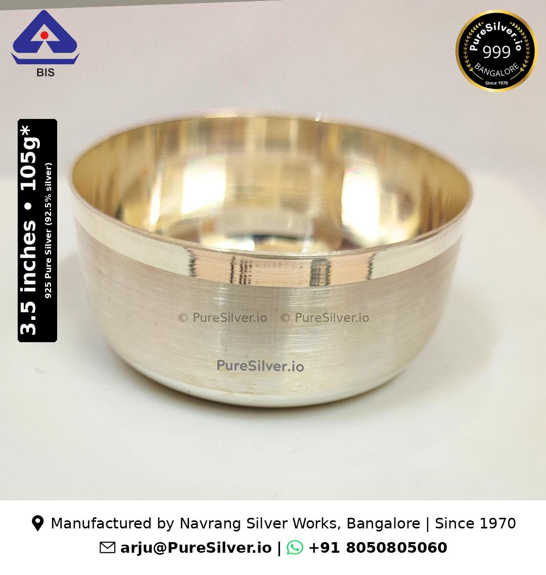 925 silver Vati bowl, 3.5 inches wide and 1.5 inches high, plain matt finish, BIS hallmarked