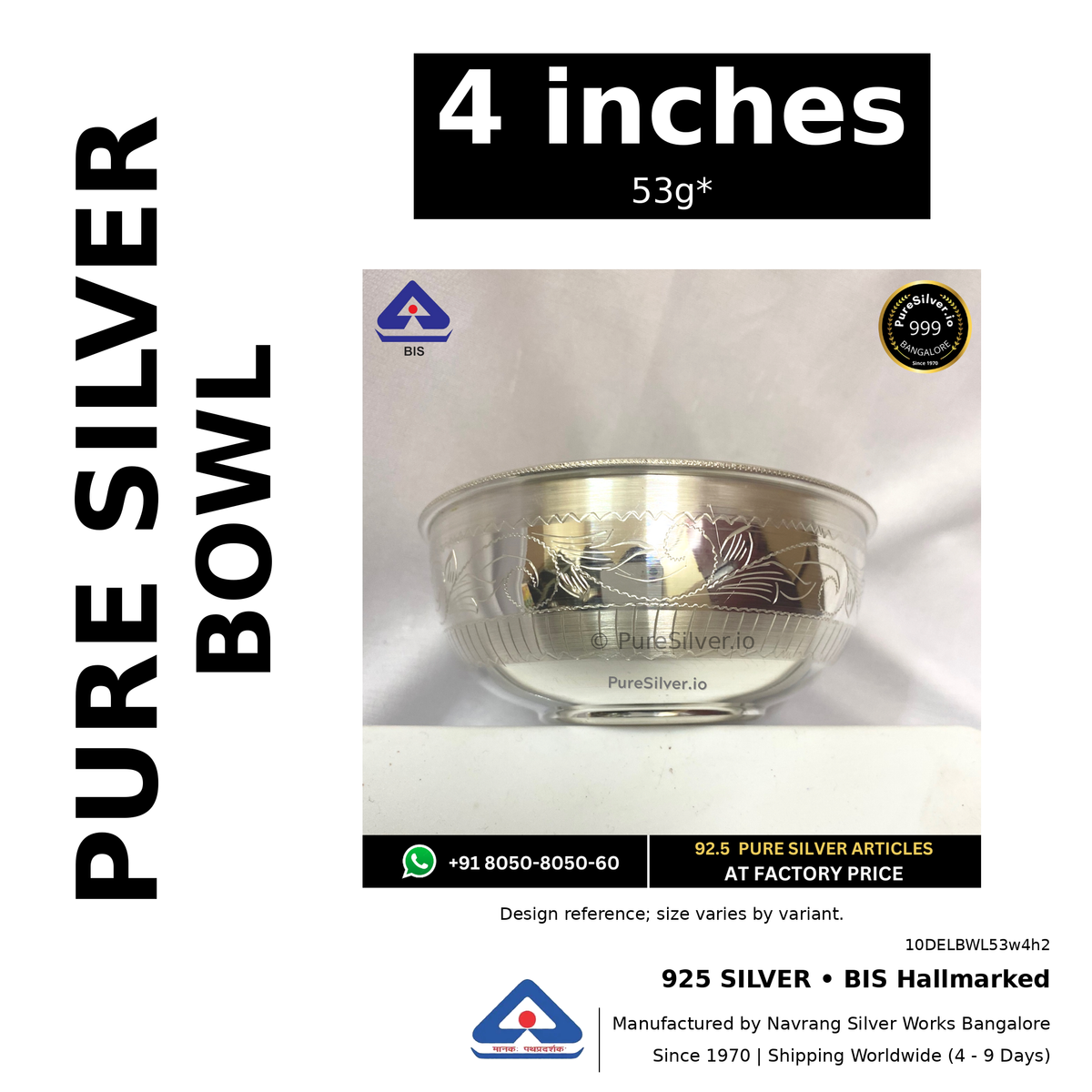925 BIS hallmarked silver bowl, 4 inches • 53g*. Design reference; size varies by variant. Code 10DELBWL53w4h2.