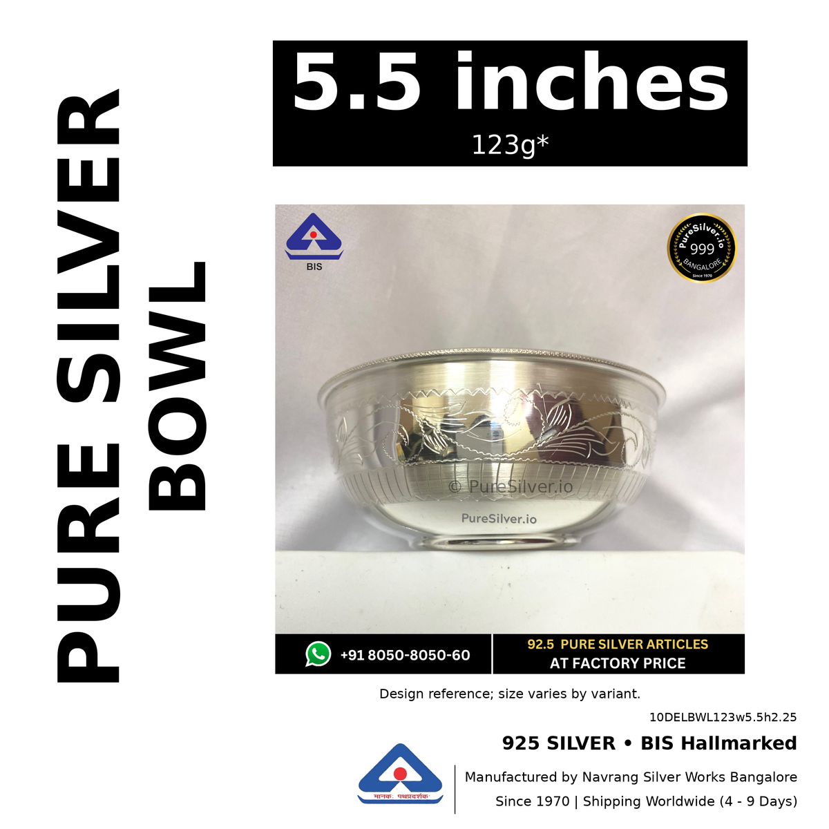 925 BIS hallmarked silver bowl, 5.5 inches • 123g*. Design reference; size varies by variant. Code 10DELBWL123w5.5h2.25.