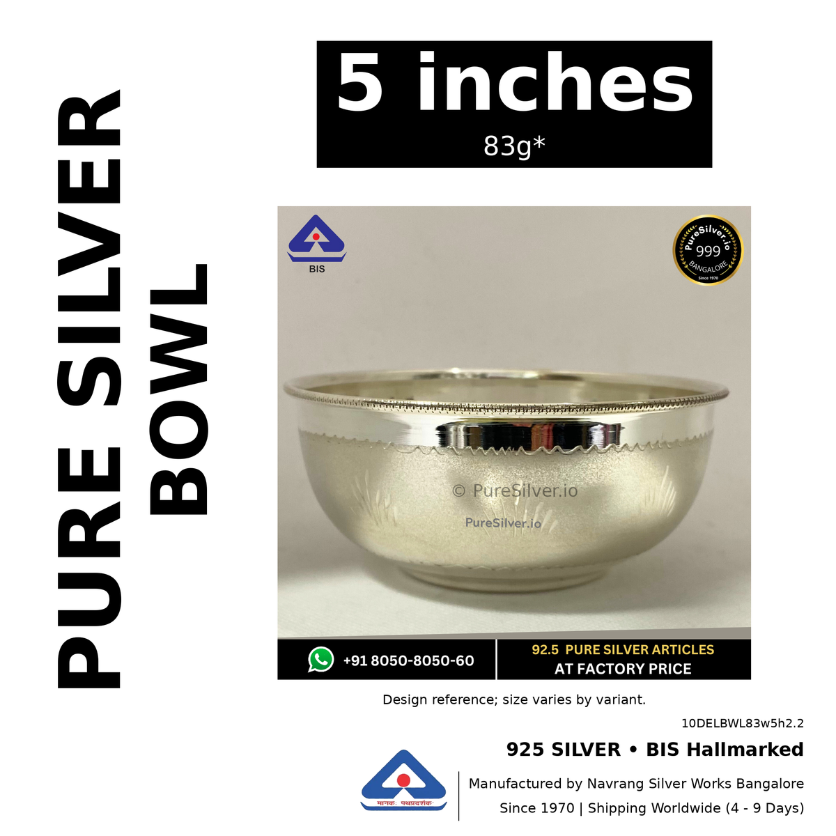 925 BIS hallmarked silver bowl, 5 inches • 83g*. Design reference; size varies by variant. Code 10DELBWL83w5h2.2.