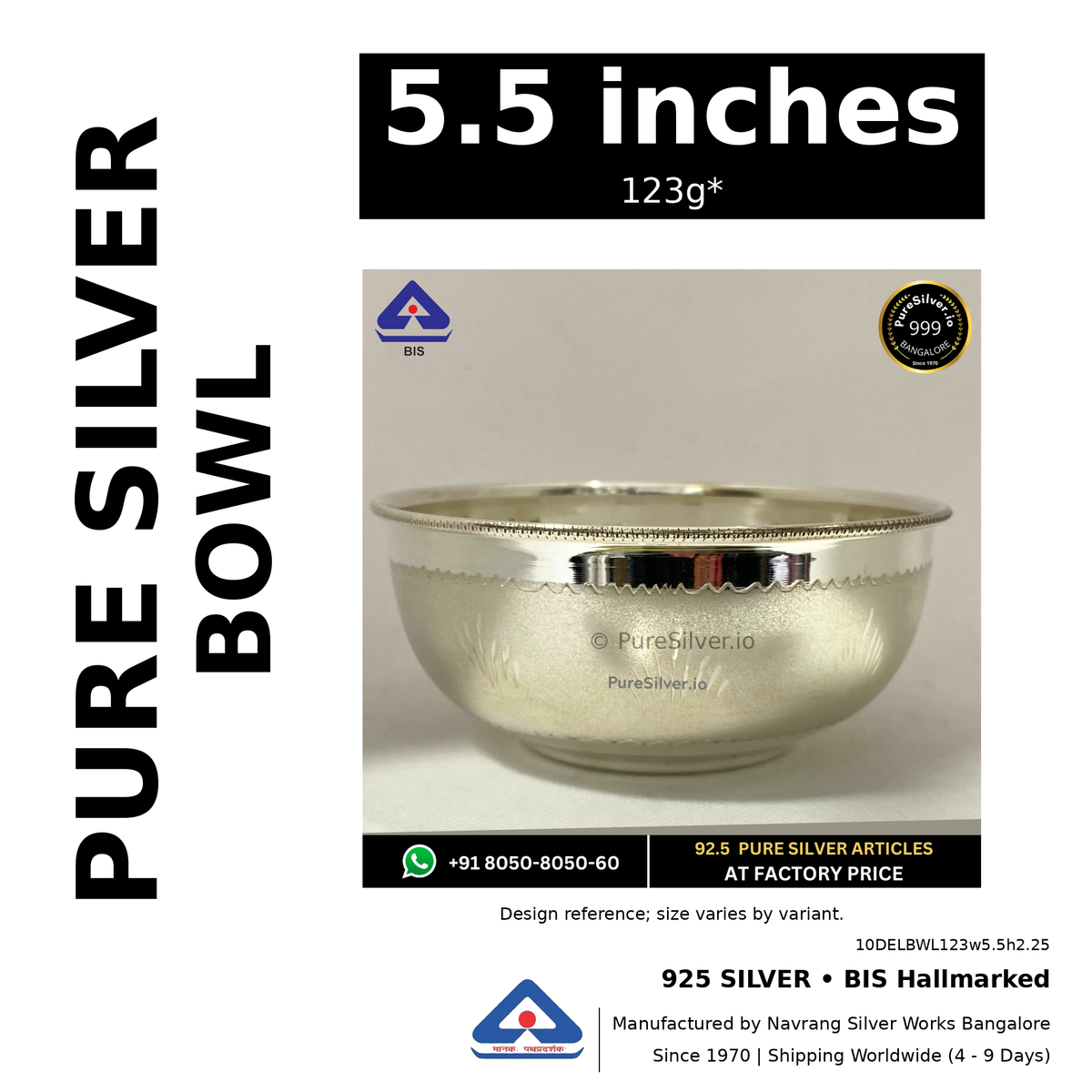 925 BIS hallmarked silver bowl, 5.5 inches • 123g*. Design reference; size varies by variant. Code 10DELBWL123w5.5h2.25.