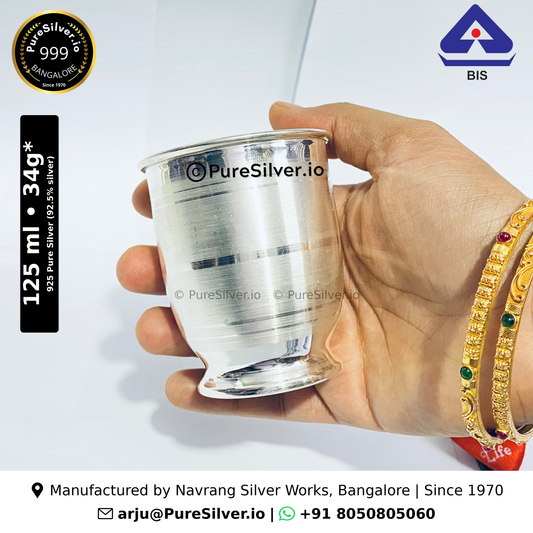 925 Pure Silver Glass for Drinking Water - 125 ml, 2.5 inches (~34 grams) Chico Pattern, Plain, Mirror (waisted); original product photograph with specifications and manufacturer contact information