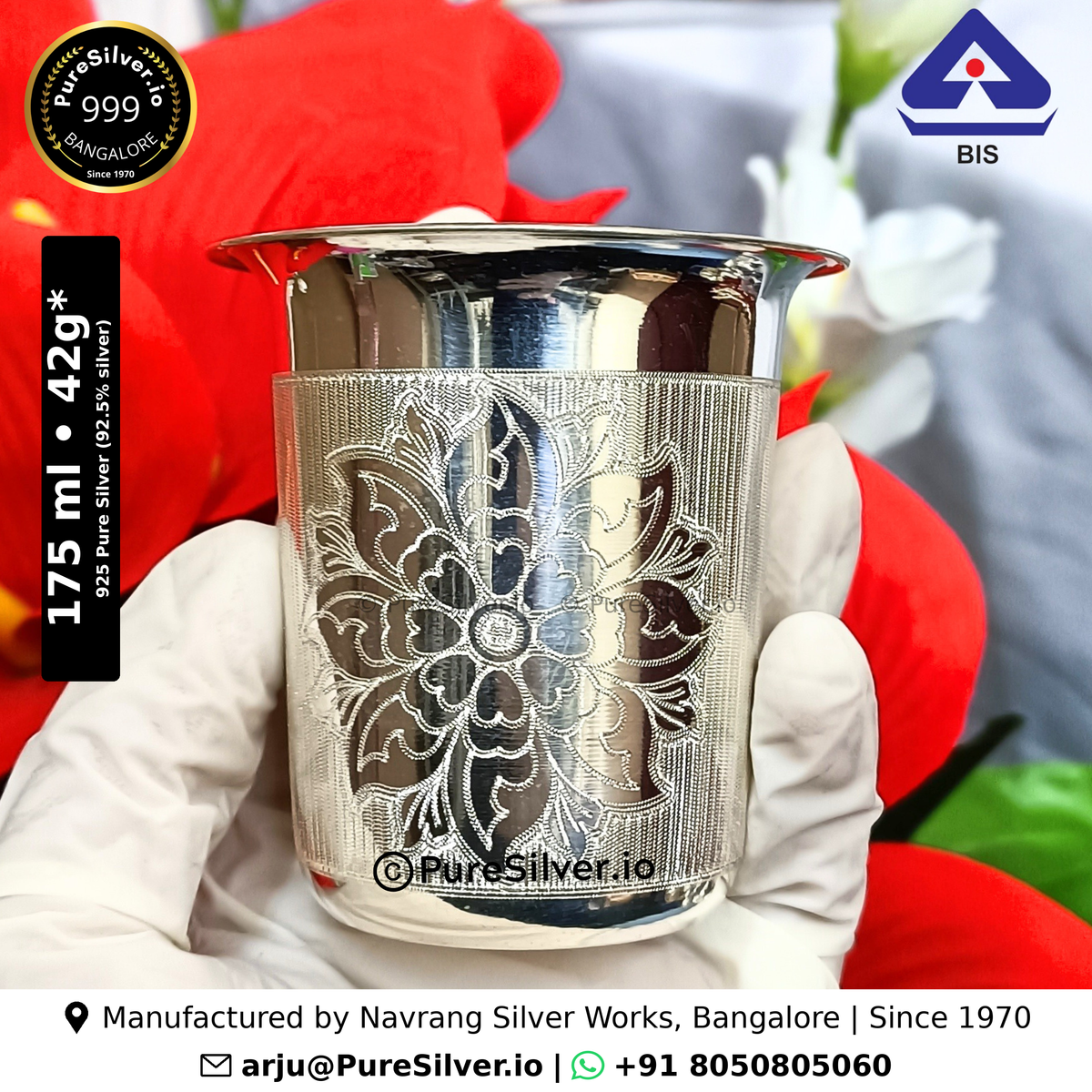 925 Pure Silver Glass for Drinking Water - 175 ml, 3 inches (~42 grams) Malabar Pattern, Lotus Medallion Engraved; original product photograph with specifications and manufacturer contact information