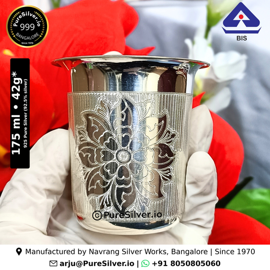 925 Pure Silver Glass for Drinking Water - 175 ml, 3 inches (~42 grams) Malabar Pattern, Lotus Medallion Engraved; original product photograph with specifications and manufacturer contact information