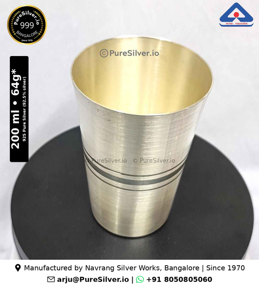 925 Pure Silver Glass for Drinking Water - 200 ml, 3.5 inches (~64 grams) Marwadi Pattern, Plain Matt; original product photograph with specifications and manufacturer contact information
