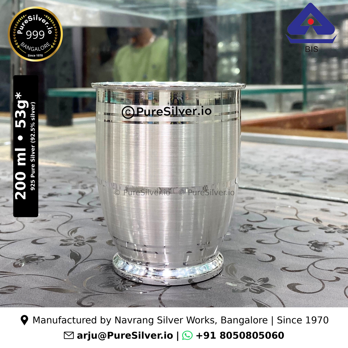 925 Pure Silver Glass for Drinking Water - 200 ml, 3 inches (~53 grams) Chico Pattern, Plain, Mirror; original product photograph with specifications and manufacturer contact information