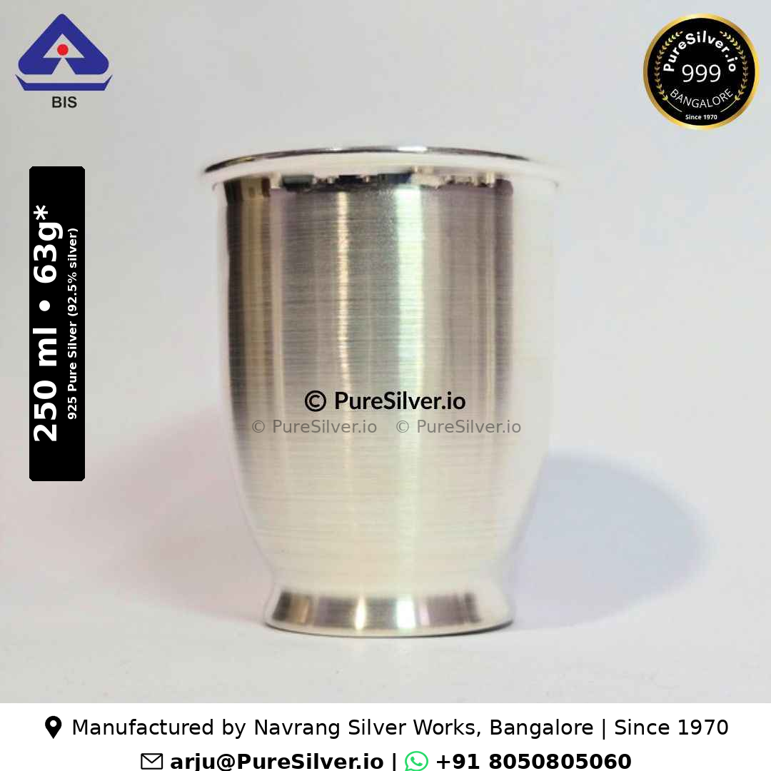 925 Pure Silver Glass for Drinking Water - 250 ml, 3.5 inches (~63 grams) Chico Pattern; original product photograph with specifications and manufacturer contact information