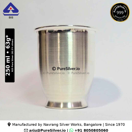 925 Pure Silver Glass for Drinking Water - 250 ml, 3.5 inches (~63 grams) Chico Pattern; original product photograph with specifications and manufacturer contact information