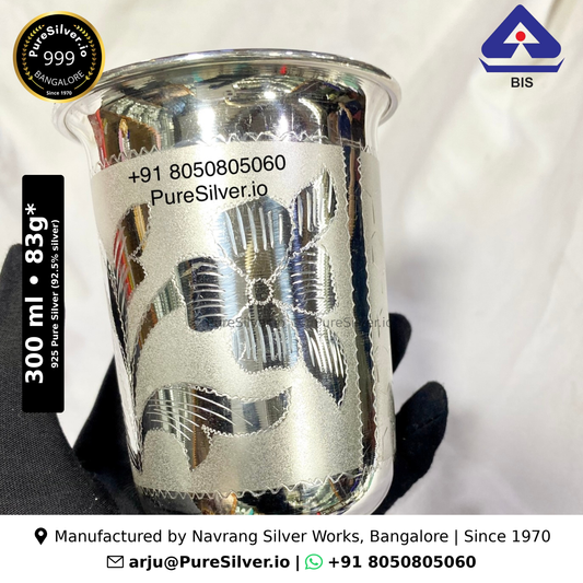 925 Pure Silver Glass for Drinking Water - 300 ml, 4 inches (~83 grams) Maharaja Pattern, Embossed Floral, Matt; original product photograph with specifications and manufacturer contact information