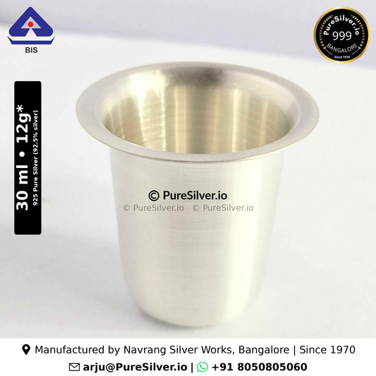925 Pure Silver Glass for Drinking Water - 30 ml, 1.5 inches (~12 grams) Malabar Pattern; original product photograph with specifications and manufacturer contact information