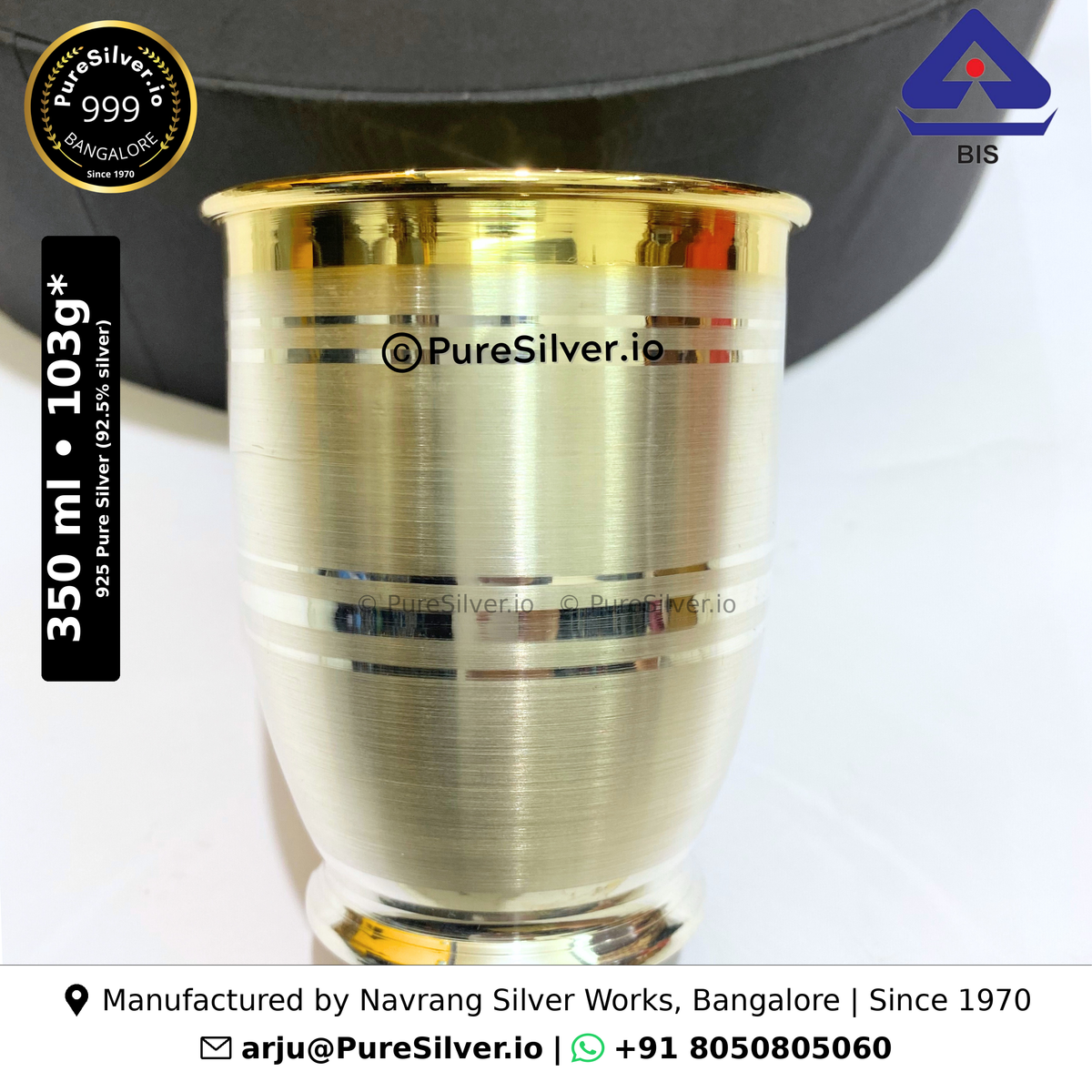 925 Pure Silver Chico Glass with 24k Gold Accent - 103g | 350ml | 4in; original product photograph with specifications and manufacturer contact information