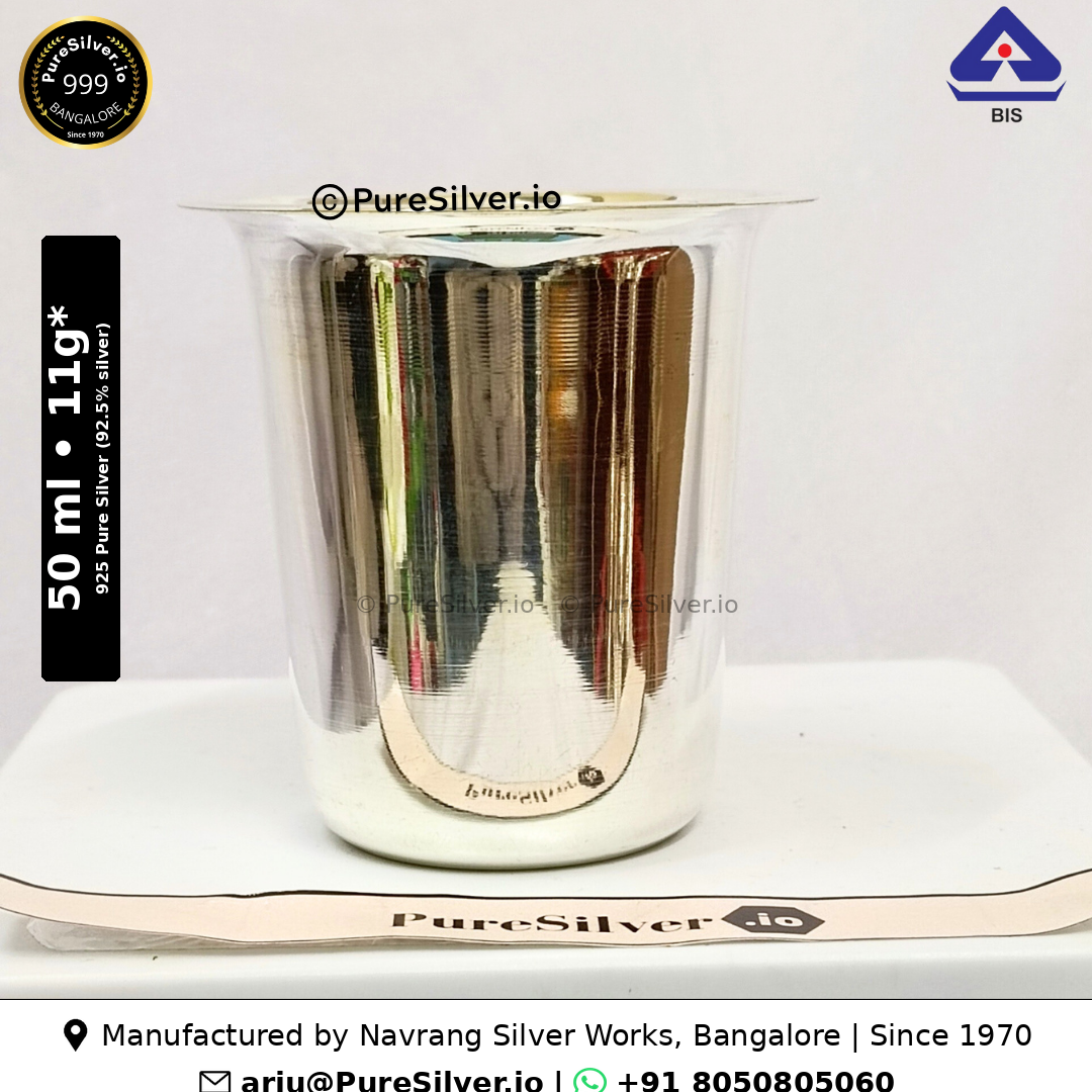 925 Pure Silver Glass for Drinking Water - 50 ml, 1.75 inches (~11 grams) Maharaja Pattern, Plain, Mirror; original product photograph with specifications and manufacturer contact information