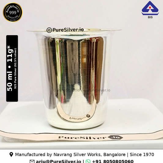 925 Pure Silver Glass for Drinking Water - 50 ml, 1.75 inches (~11 grams) Maharaja Pattern, Plain, Mirror; original product photograph with specifications and manufacturer contact information