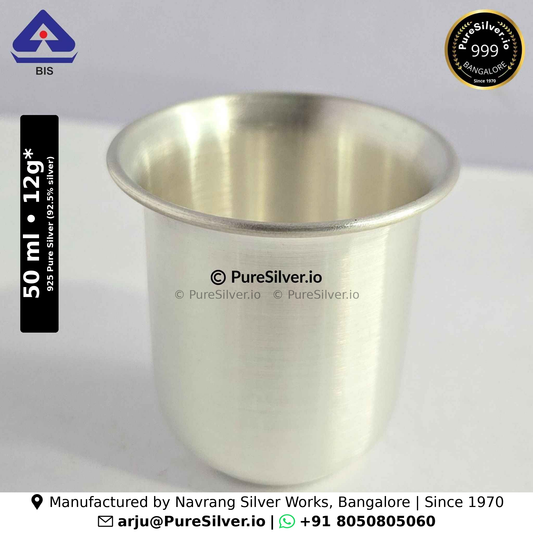 925 Pure Silver Glass for Drinking Water - 50 ml, 1.75 inches (~12 grams) Maharaja Pattern; original product photograph with specifications and manufacturer contact information