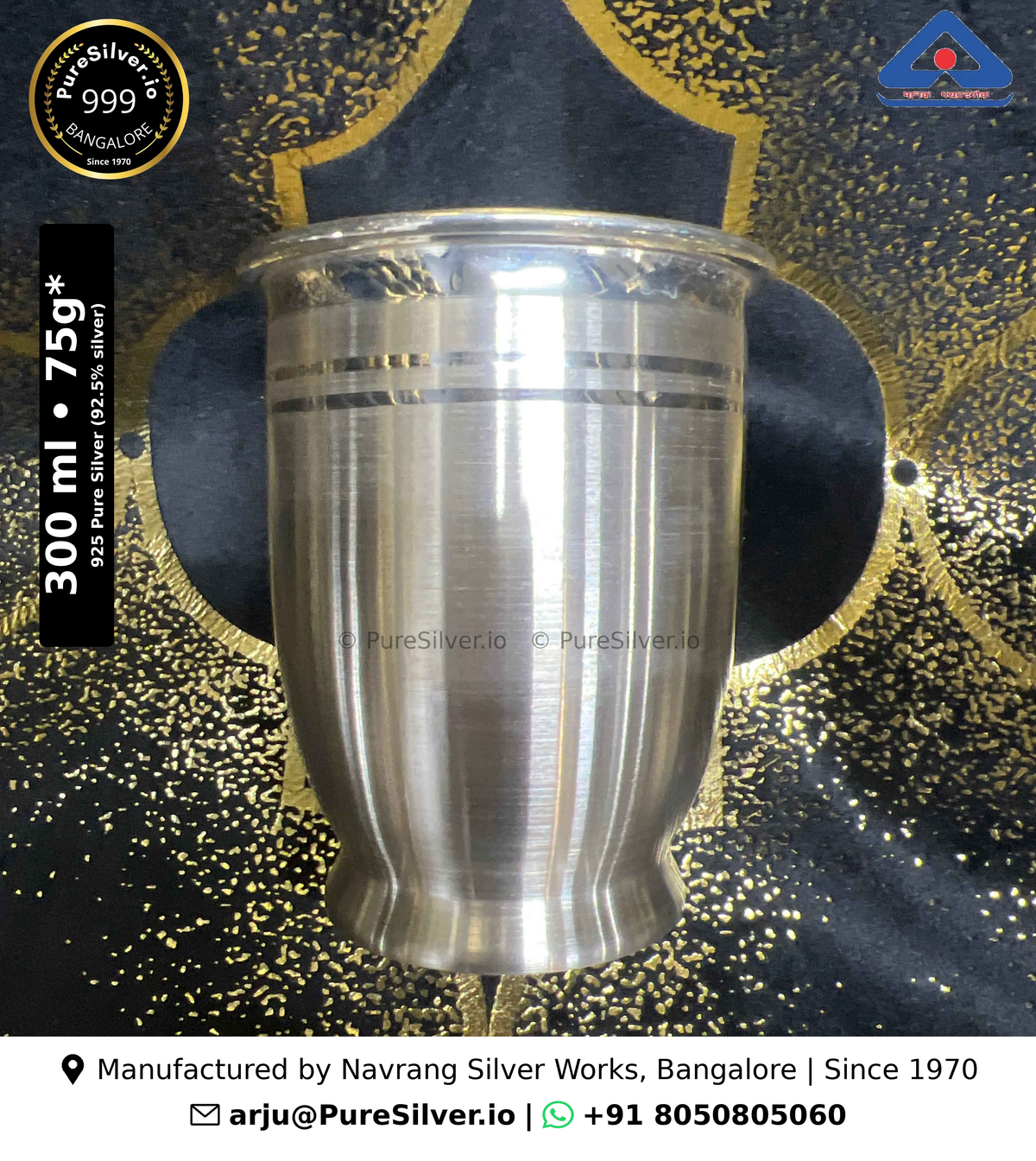 925 Pure Silver Glass for Drinking Water - 300 ml, 3.75 inches (~75 grams) Chico Pattern; original product photograph with specifications and manufacturer contact information