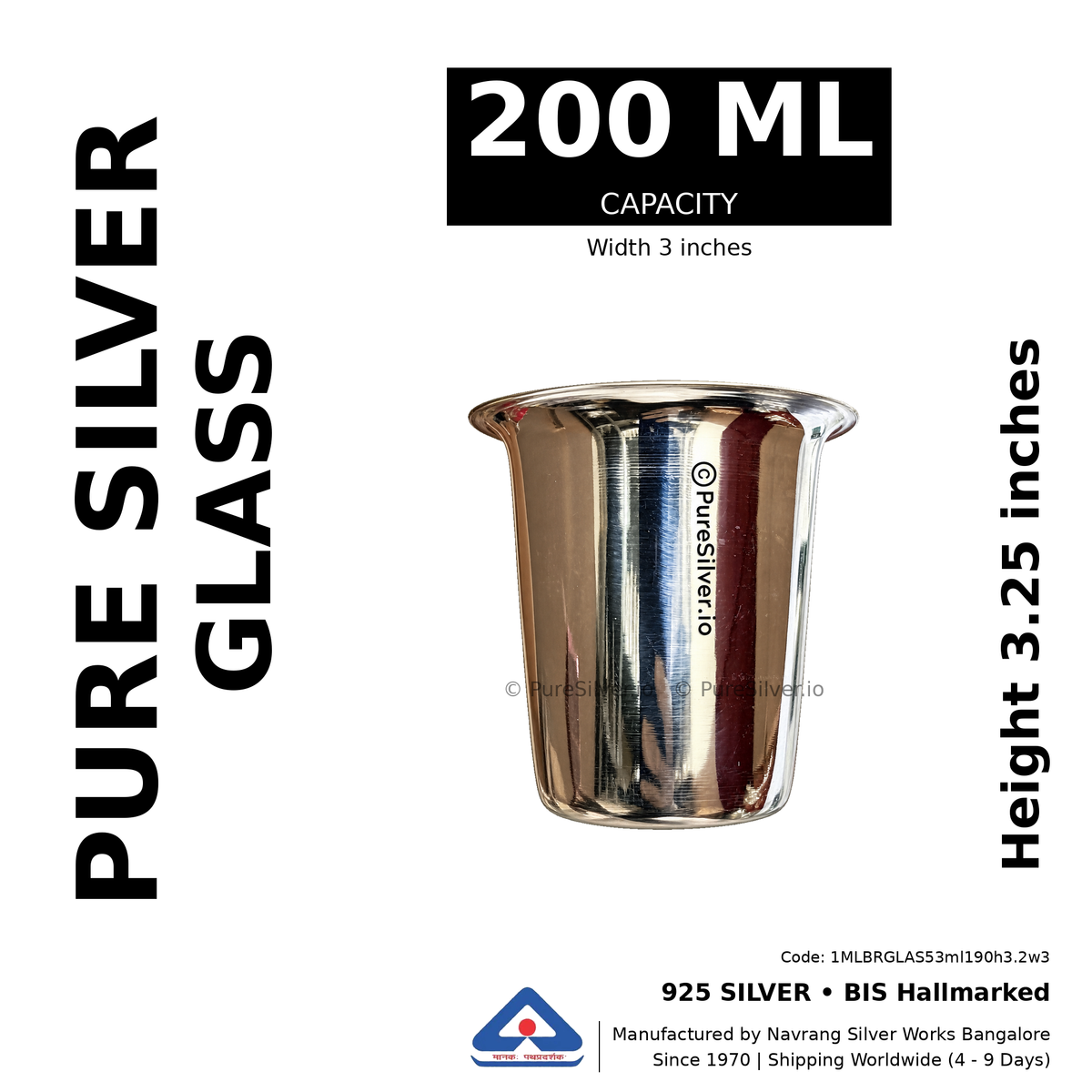 925 BIS hallmarked Malabar silver glass, 200 ml, height 3.25 inches, width 3 inches. Product-only illustration based on the 250 ml reference photograph.