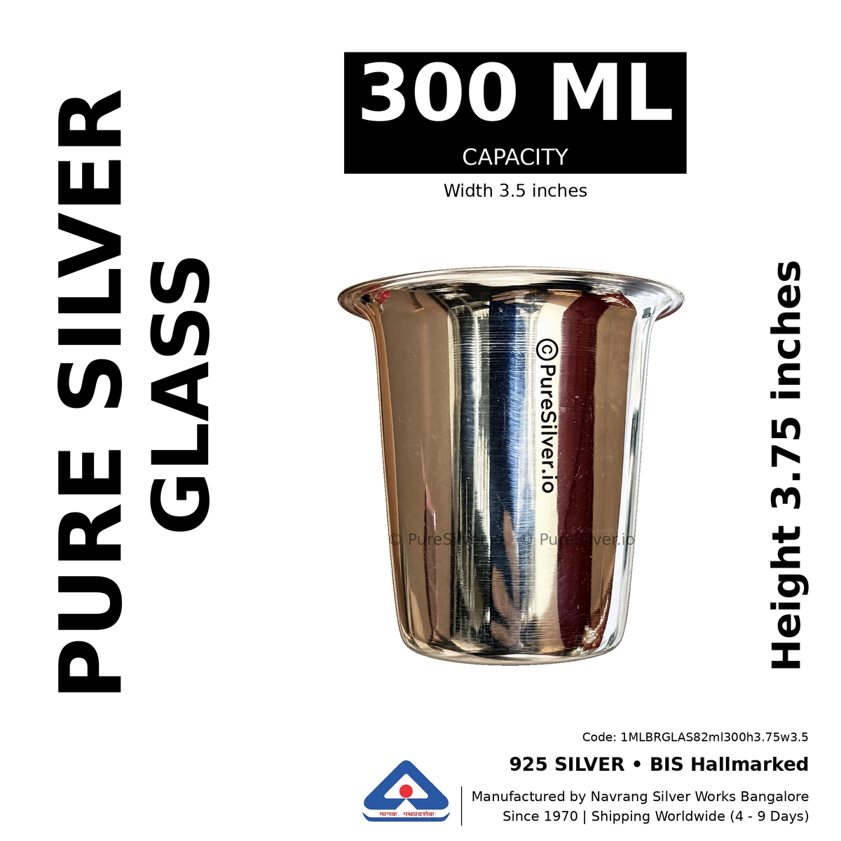 925 BIS hallmarked Malabar silver glass, 300 ml, height 3.75 inches, width 3.5 inches. Product-only illustration based on the 250 ml reference photograph.