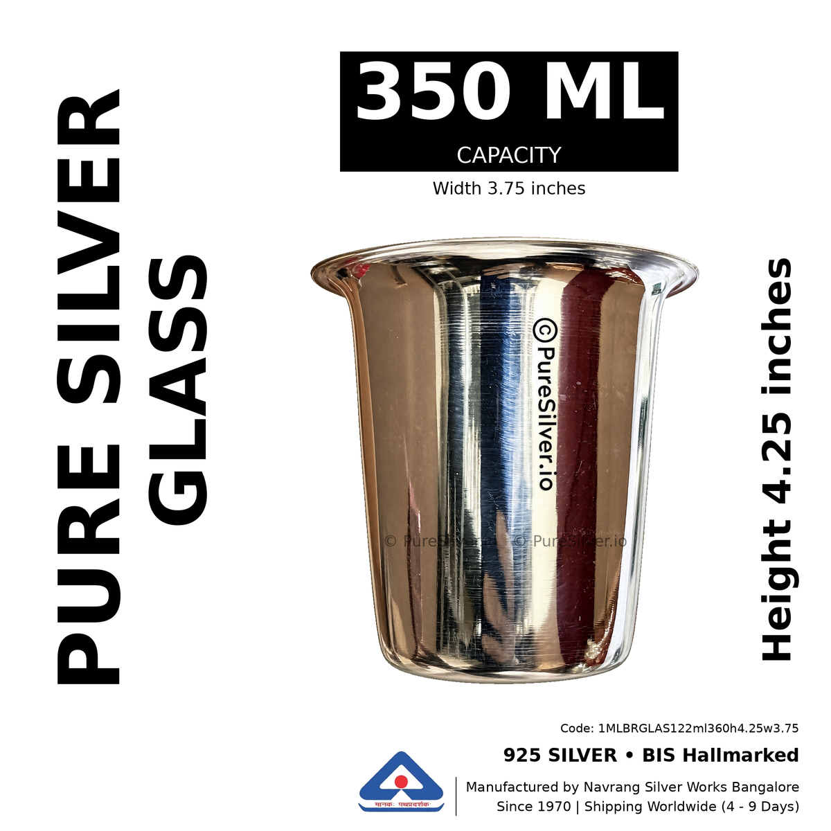 925 BIS hallmarked Malabar silver glass, 350 ml, height 4.25 inches, width 3.75 inches. Product-only illustration based on the 250 ml reference photograph.