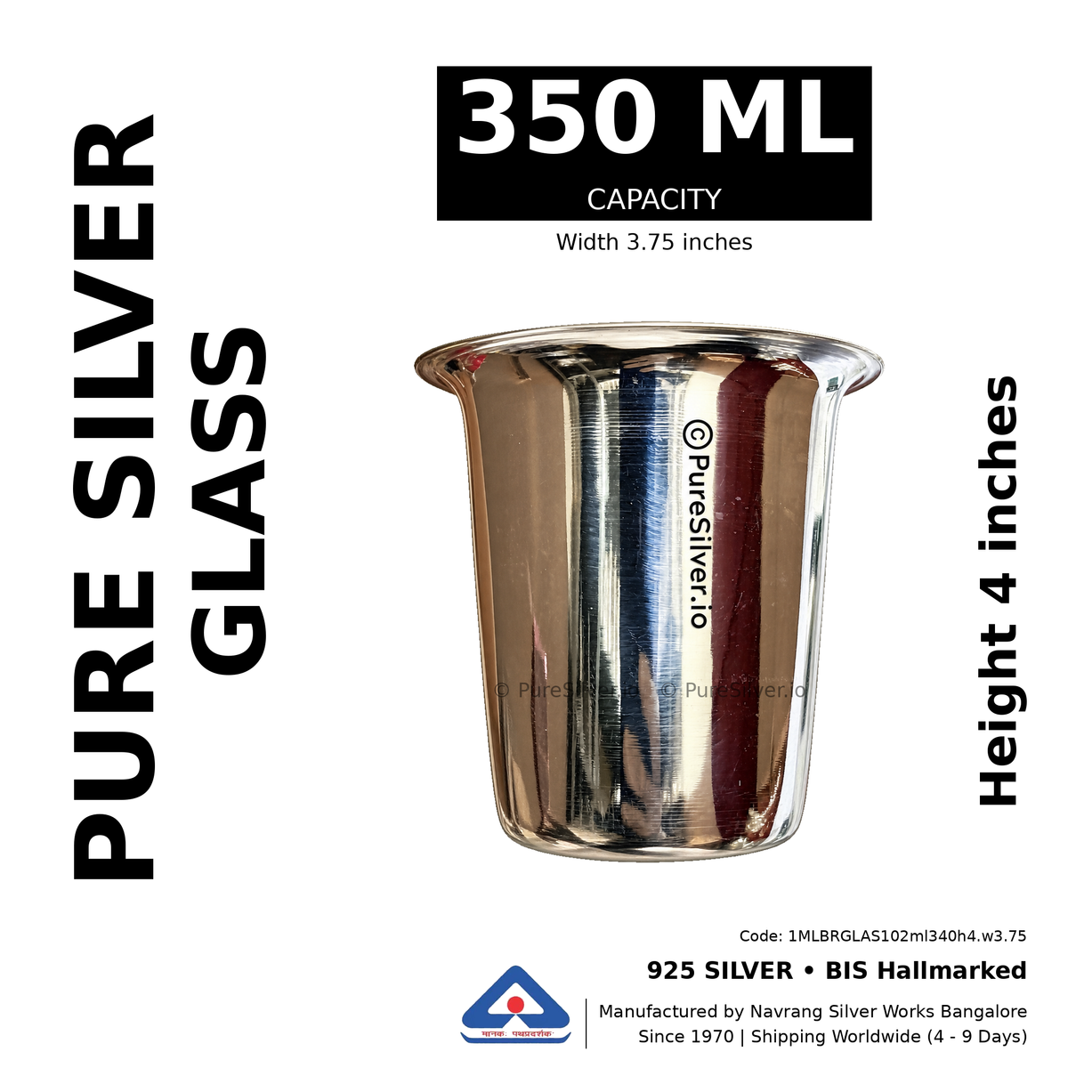 925 BIS hallmarked Malabar silver glass, 350 ml, height 4 inches, width 3.75 inches. Product-only illustration based on the 250 ml reference photograph.