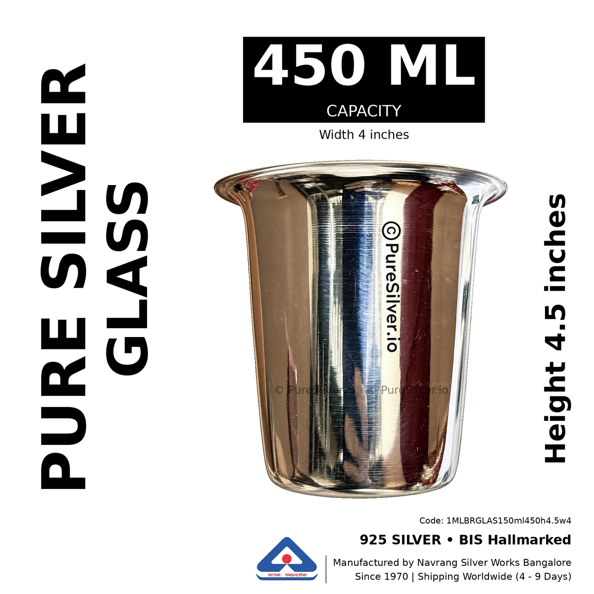 925 BIS hallmarked Malabar silver glass, 450 ml, height 4.5 inches, width 4 inches. Product-only illustration based on the 250 ml reference photograph.