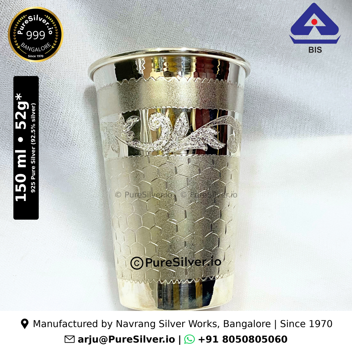 925 silver Marwadi drinking glass with honeycomb leaf band, 150 ml, BIS hallmarked
