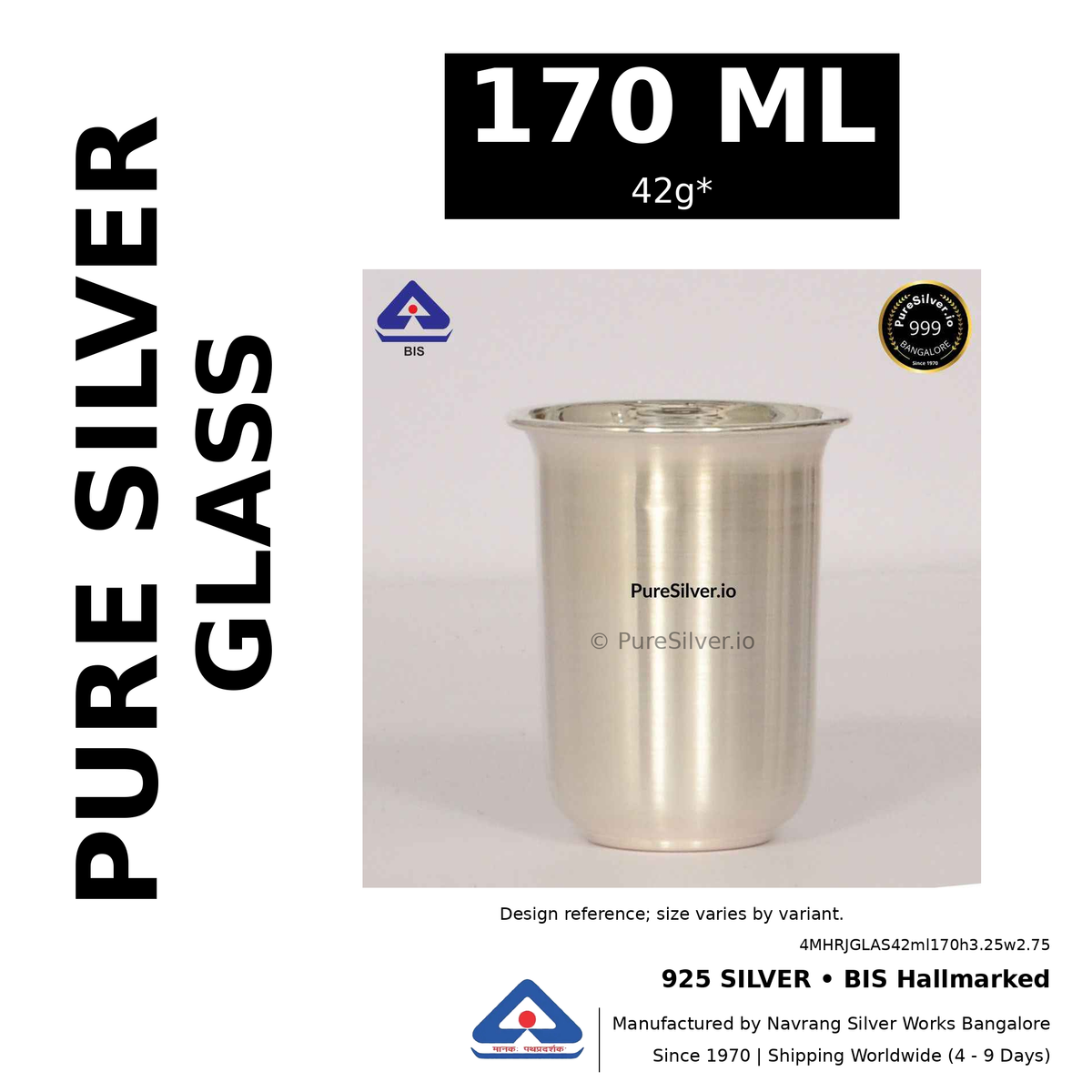 925 BIS hallmarked silver glass, 170 ml • 42g*. Design reference; size varies by variant. Code 4MHRJGLAS42ml170h3.25w2.75.