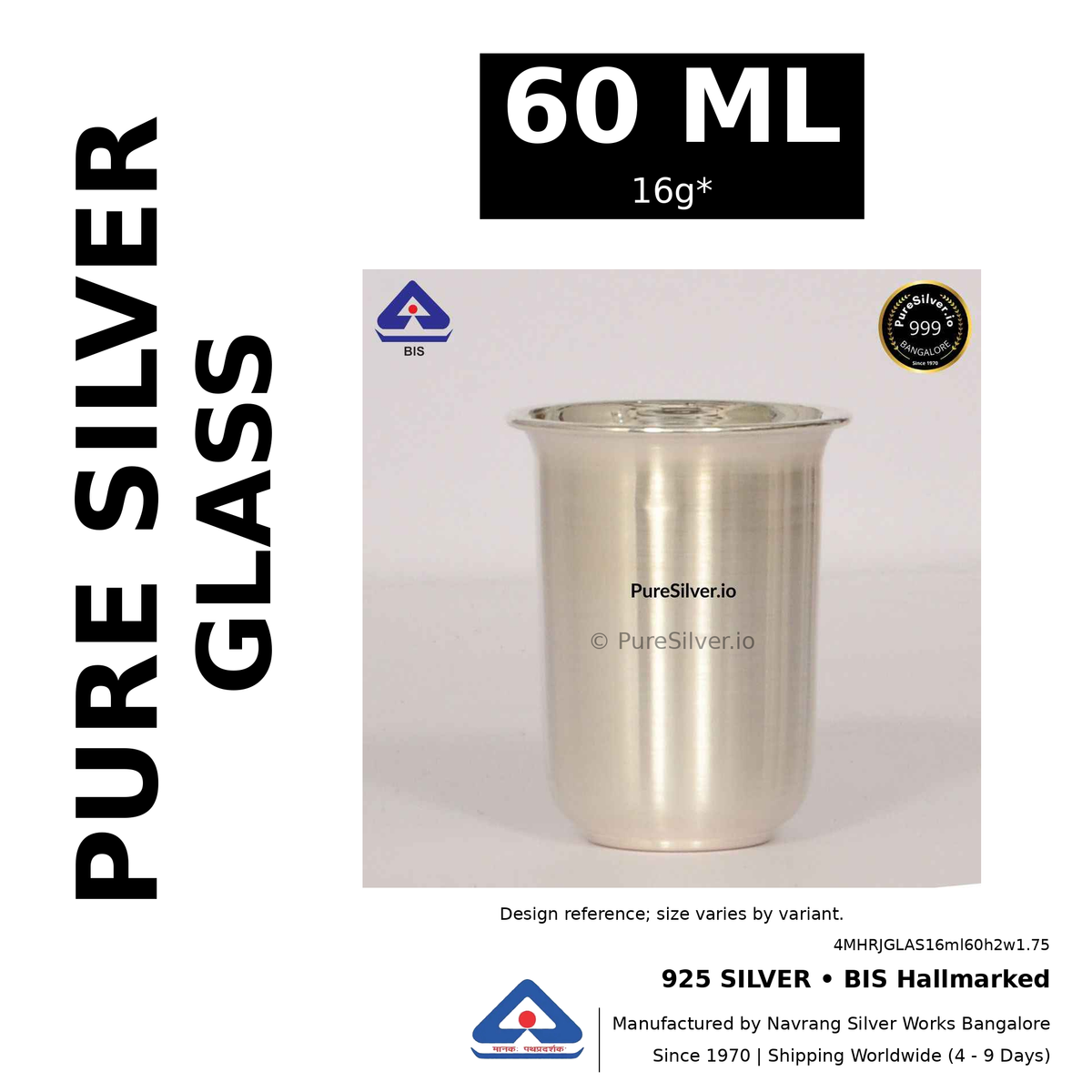 925 BIS hallmarked silver glass, 60 ml • 16g*. Design reference; size varies by variant. Code 4MHRJGLAS16ml60h2w1.75.