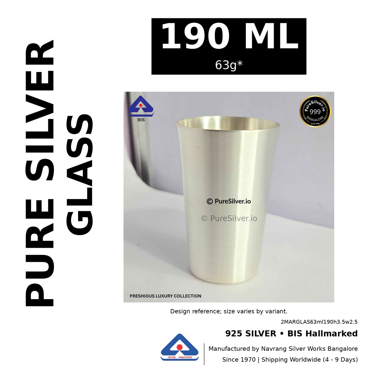 925 BIS hallmarked silver glass, 190 ml • 63g*. Design reference; size varies by variant. Code 2MARGLAS63ml190h3.5w2.5.