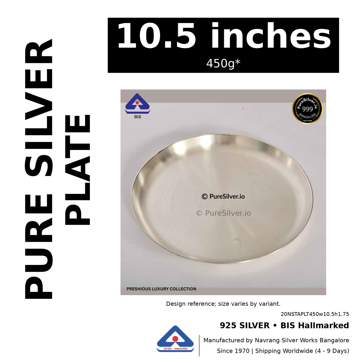 925 BIS hallmarked silver plate, 10.5 inches • 450g*. Design reference; size varies by variant. Code 20NSTAPLT450w10.5h1.75.