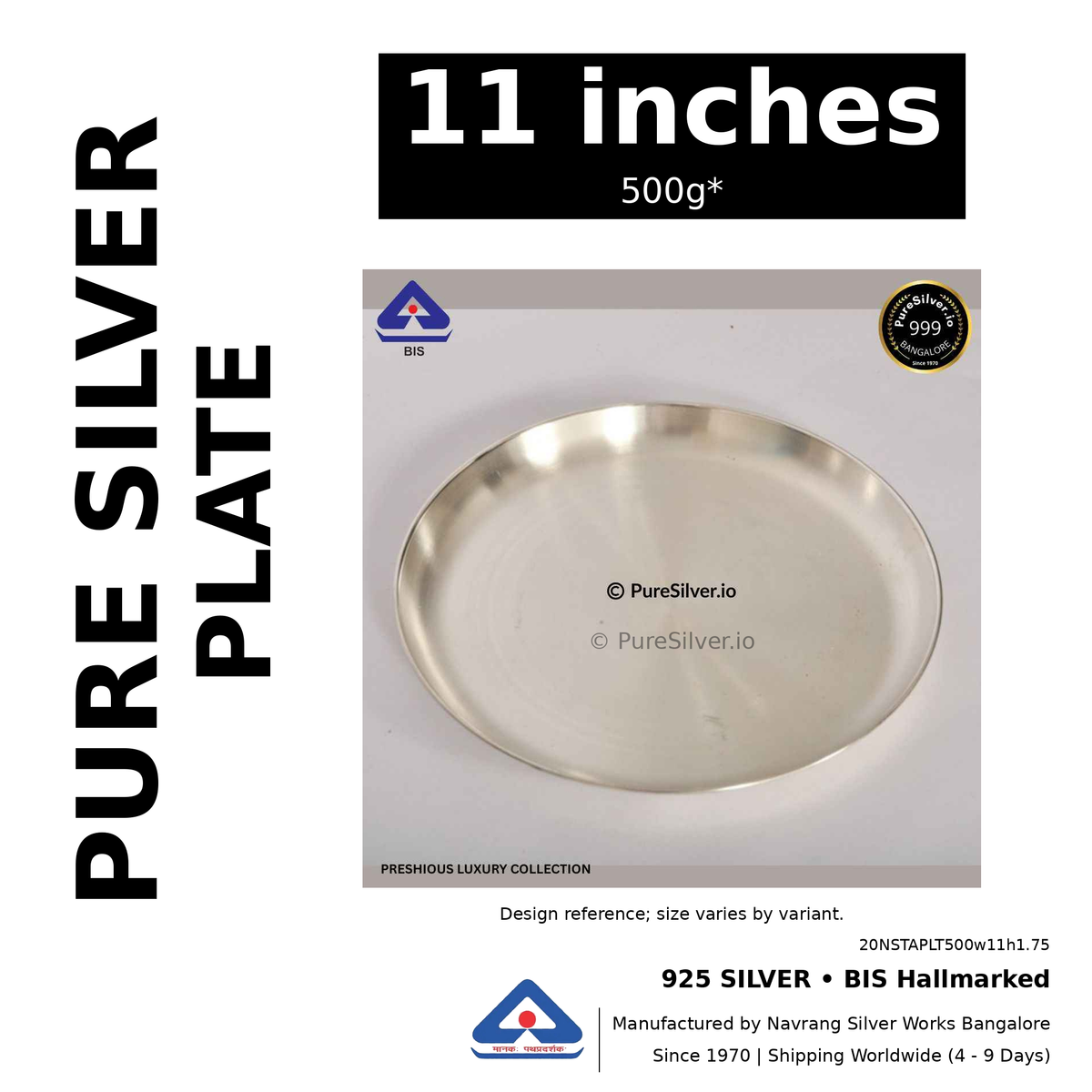 925 BIS hallmarked silver plate, 11 inches • 500g*. Design reference; size varies by variant. Code 20NSTAPLT500w11h1.75.
