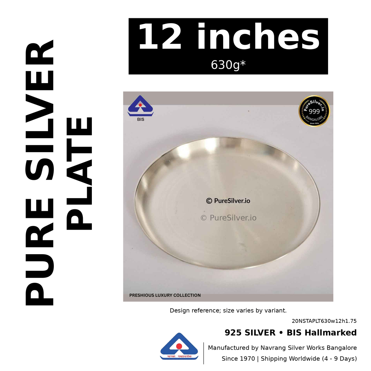 925 BIS hallmarked silver plate, 12 inches • 630g*. Design reference; size varies by variant. Code 20NSTAPLT630w12h1.75.