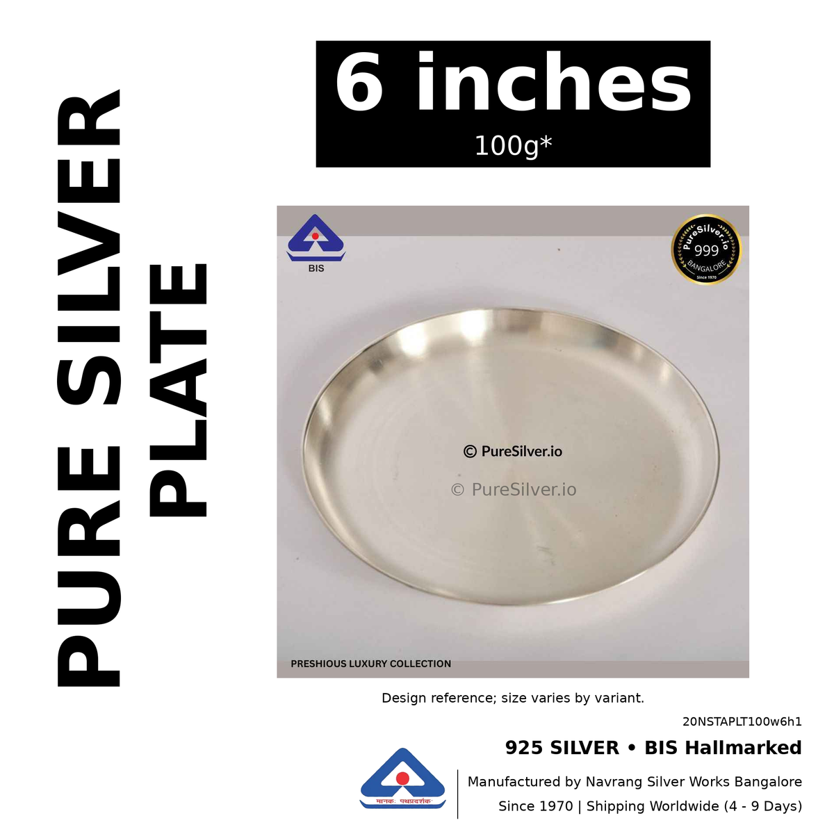925 BIS hallmarked silver plate, 6 inches • 100g*. Design reference; size varies by variant. Code 20NSTAPLT100w6h1.
