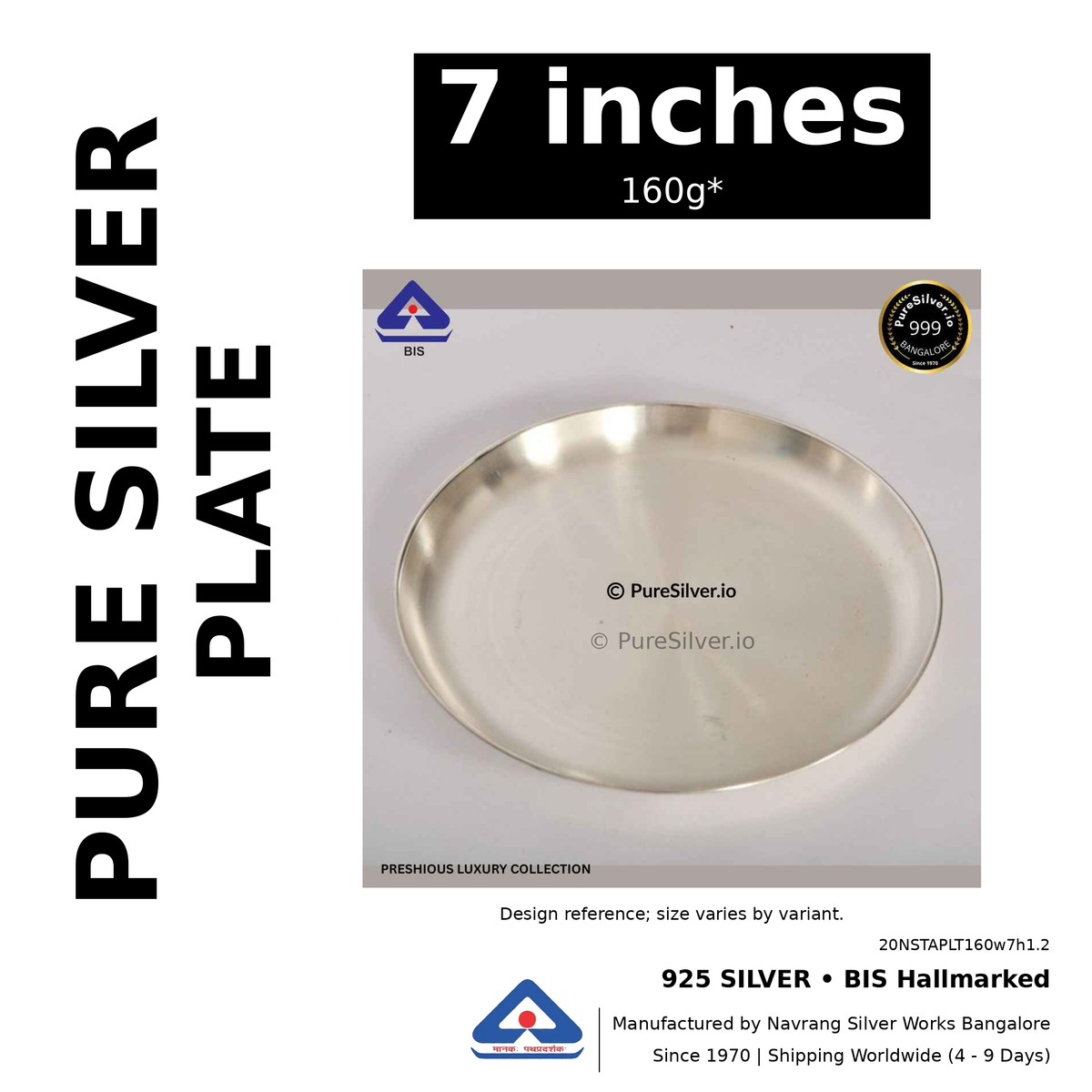 925 BIS hallmarked silver plate, 7 inches • 160g*. Design reference; size varies by variant. Code 20NSTAPLT160w7h1.2.