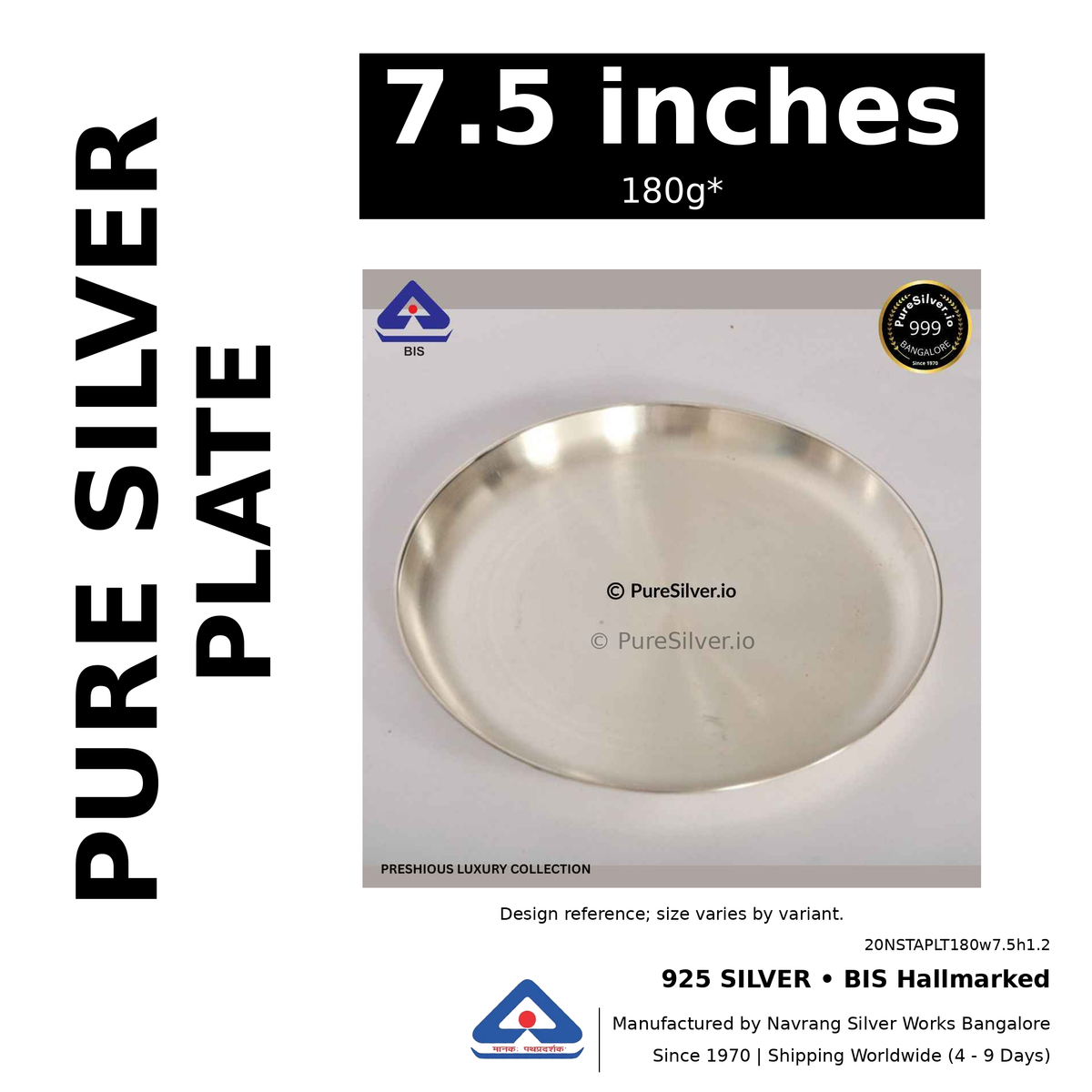925 BIS hallmarked silver plate, 7.5 inches • 180g*. Design reference; size varies by variant. Code 20NSTAPLT180w7.5h1.2.