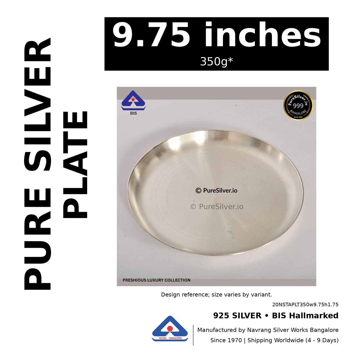 925 BIS hallmarked silver plate, 9.75 inches • 350g*. Design reference; size varies by variant. Code 20NSTAPLT350w9.75h1.75.