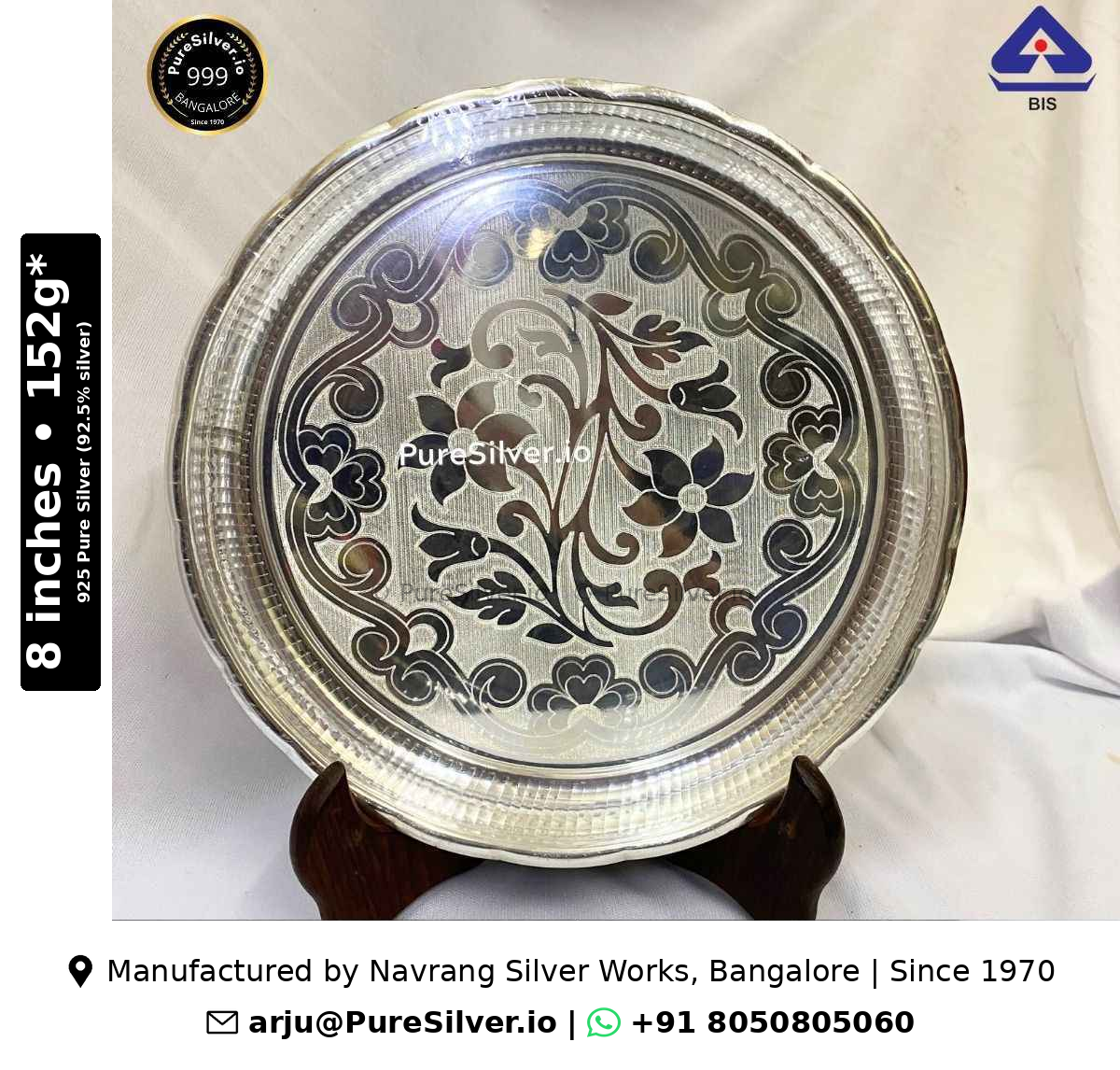925 silver Arivana floral plate, 8 inches wide, matt finish, BIS hallmarked
