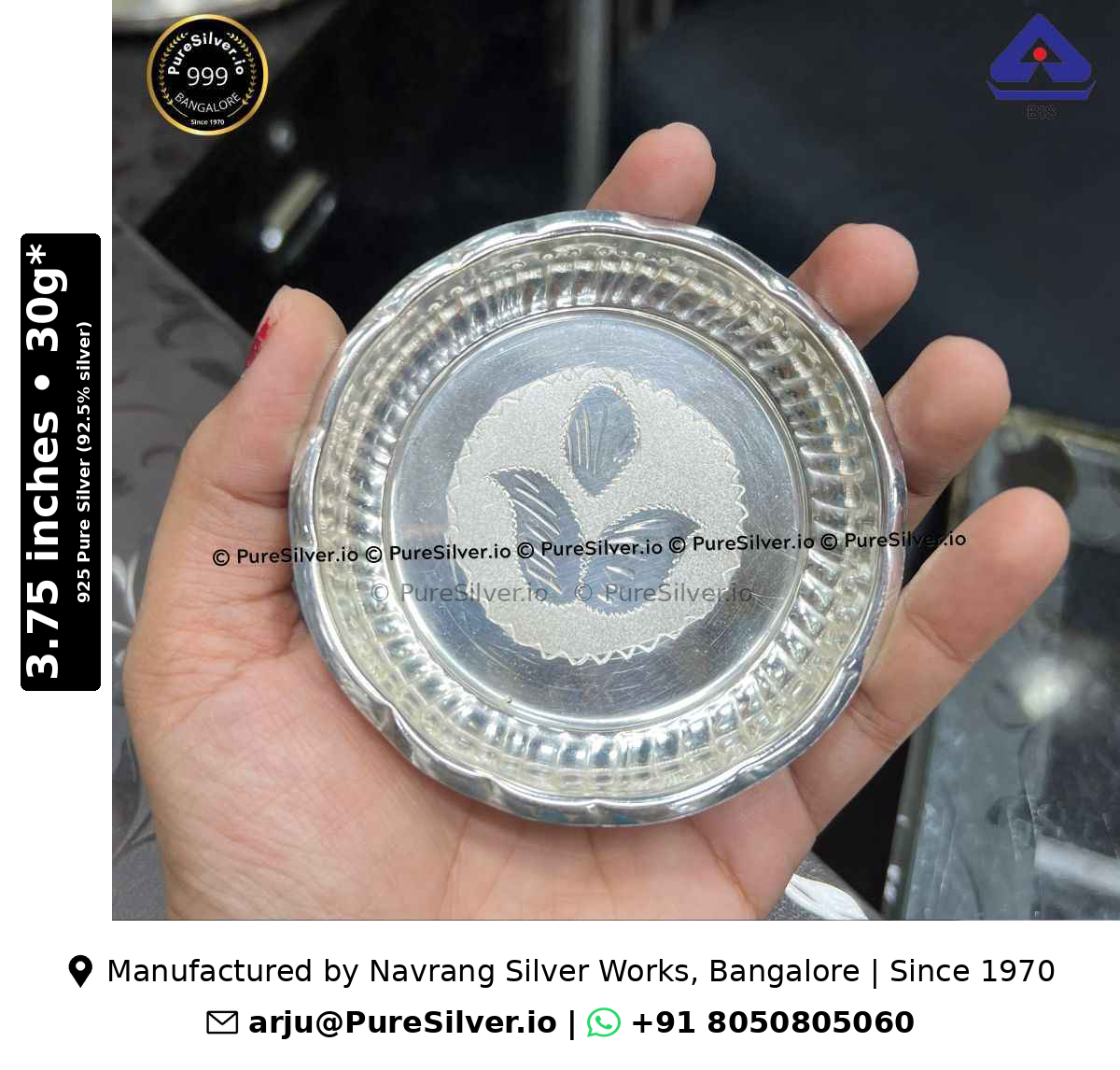 925 silver Arivana mini plate with floral medallion, 3.75 inches wide, BIS hallmarked